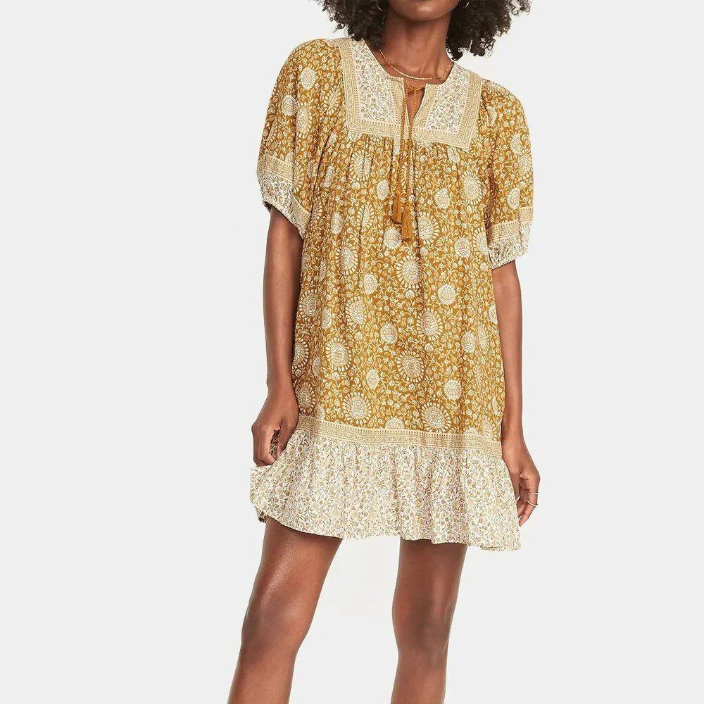 Puff-Sleeve Printed Mini Swing Dress New NWT